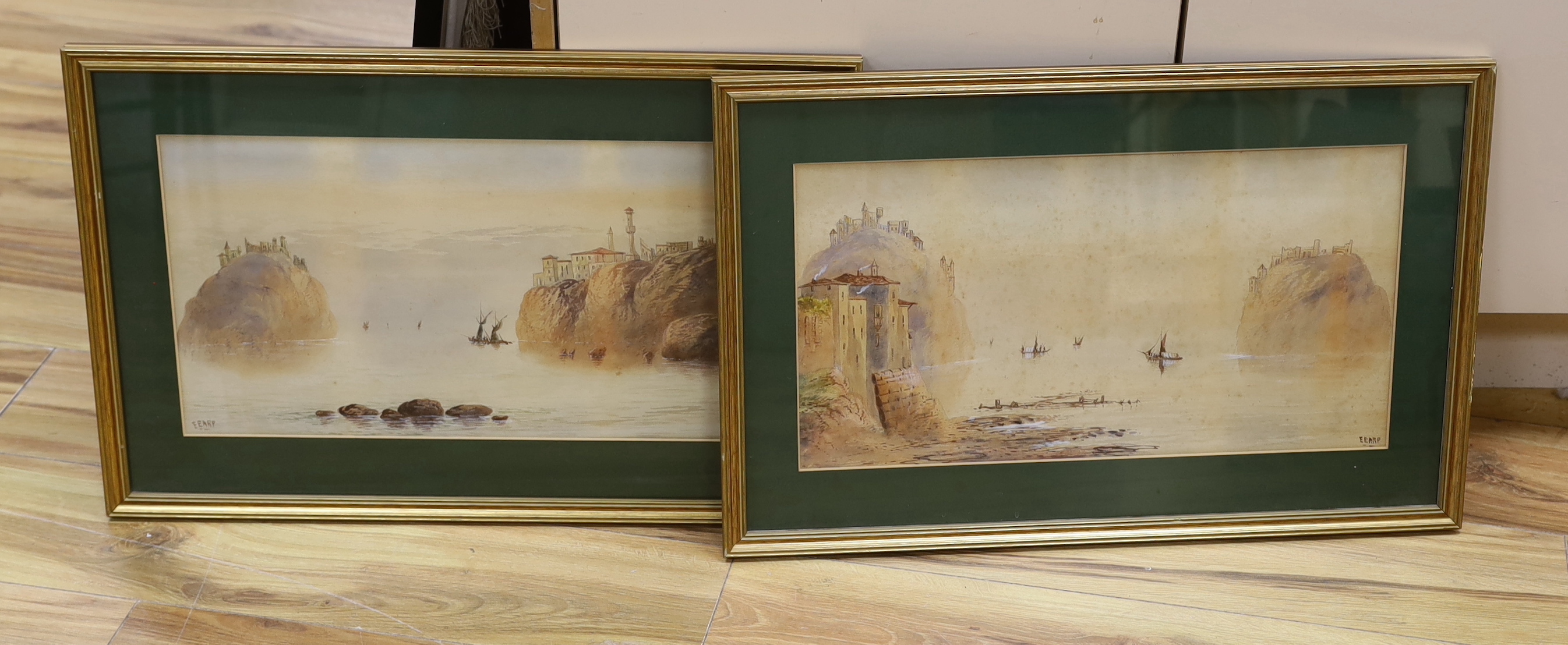 Edwin Earp (1851-1945), pair of watercolours, Italian river landscapes with villas, each signed, 26 x 49cm